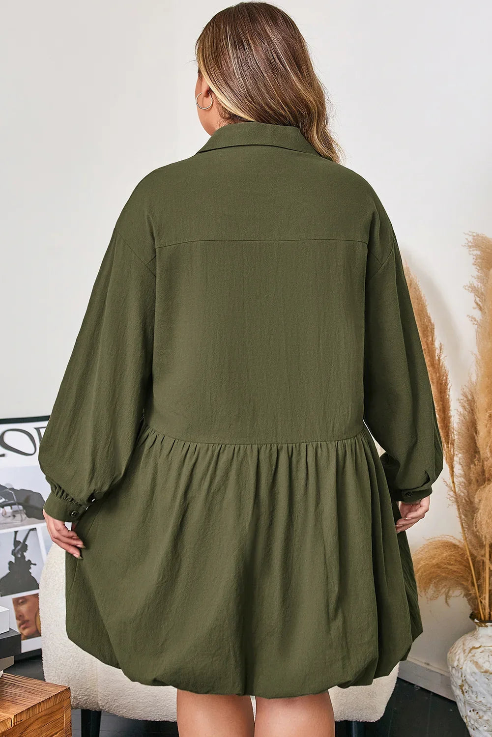 Plus Size Green Cotton Long Sleeve Bubble Hem Mini Dress
