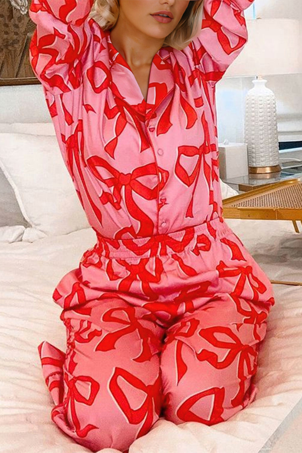 Bow print button-up pajama set – view 2
