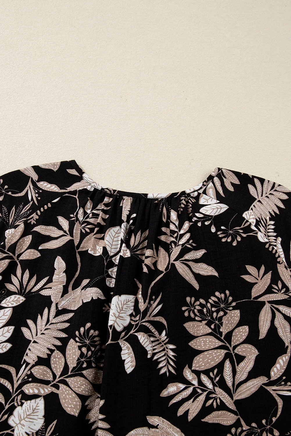 Black Botanical Print Split Neck 3/4 Sleeve Mini Dress