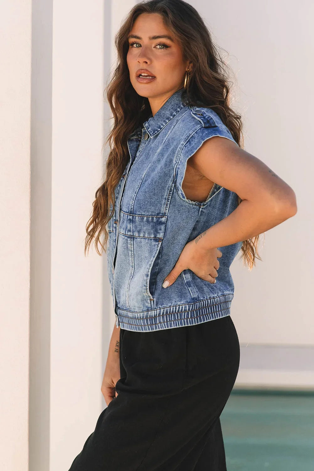 Acid Wash Button-Up Denim Vest with Elastic Hem
