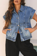 Acid Wash Button-Up Denim Vest with Elastic Hem