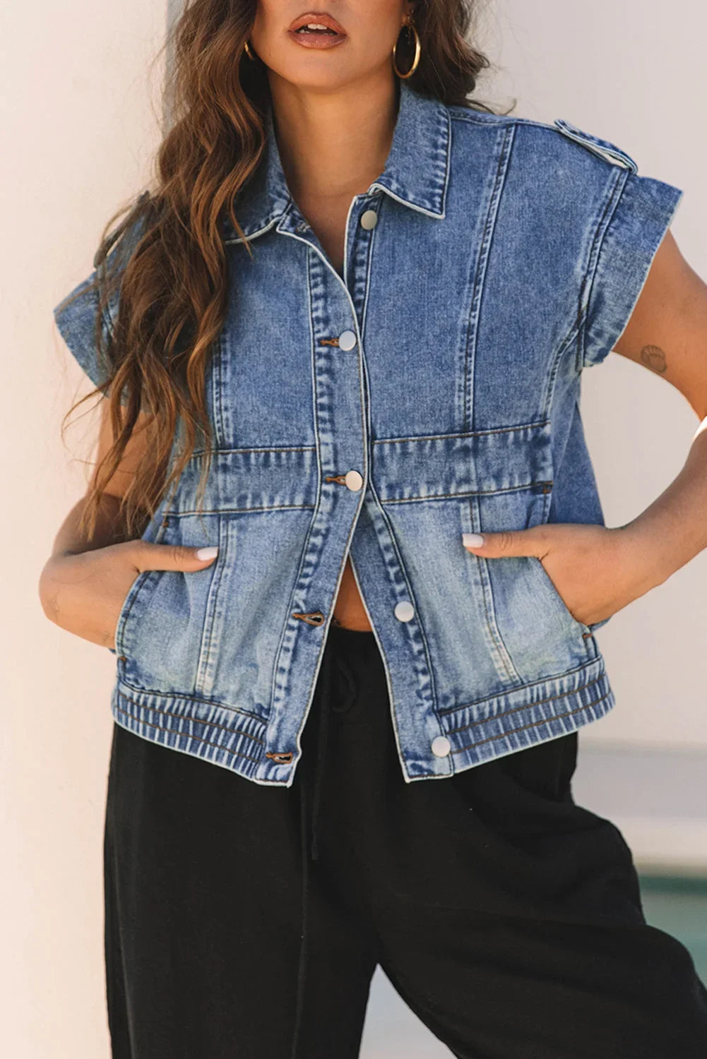 Acid Wash Button-Up Denim Vest with Elastic Hem