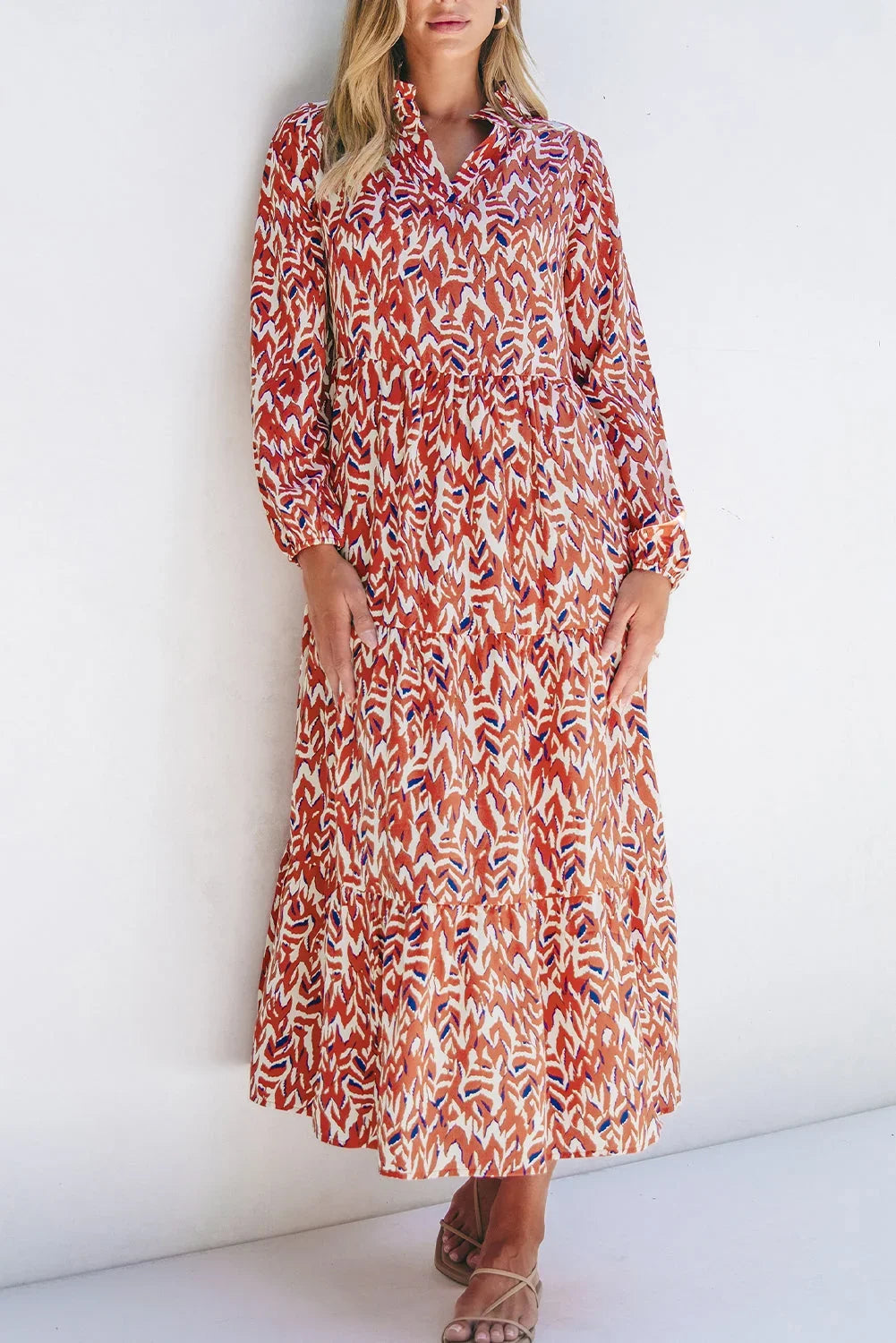 Orange Abstract Print Pleated High Waist Midi Dress
