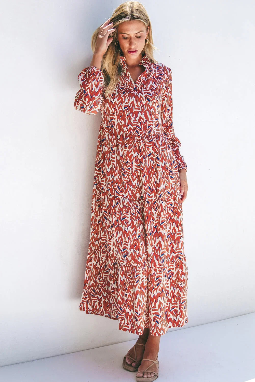 Orange Abstract Print Pleated High Waist Midi Dress