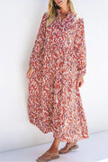 Orange Abstract Print Pleated High Waist Midi Dress