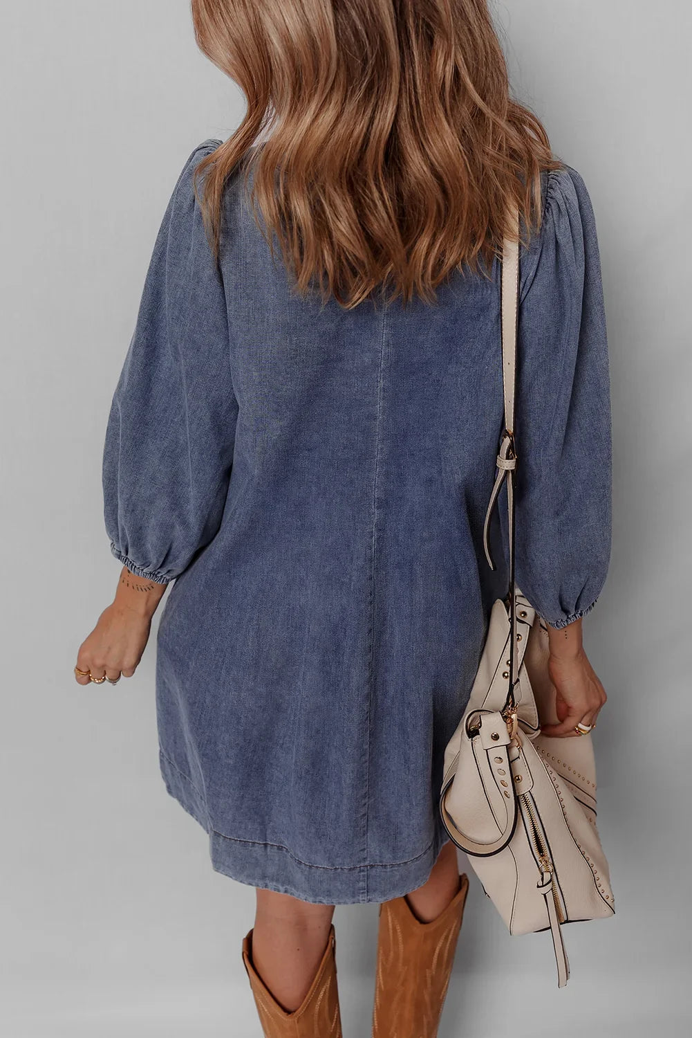 Pleated Denim Mini Dress with Tie V-Neck & 3/4 Sleeves