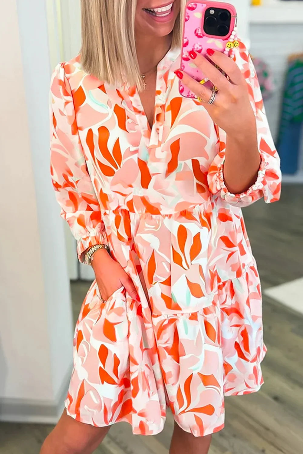 Orange Abstract Print Split Neck Long Sleeve Mini Dress