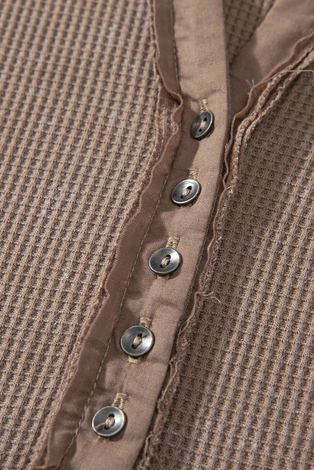 Coffee Acid Wash Waffle Knit Button V-Neck Long Sleeve Top