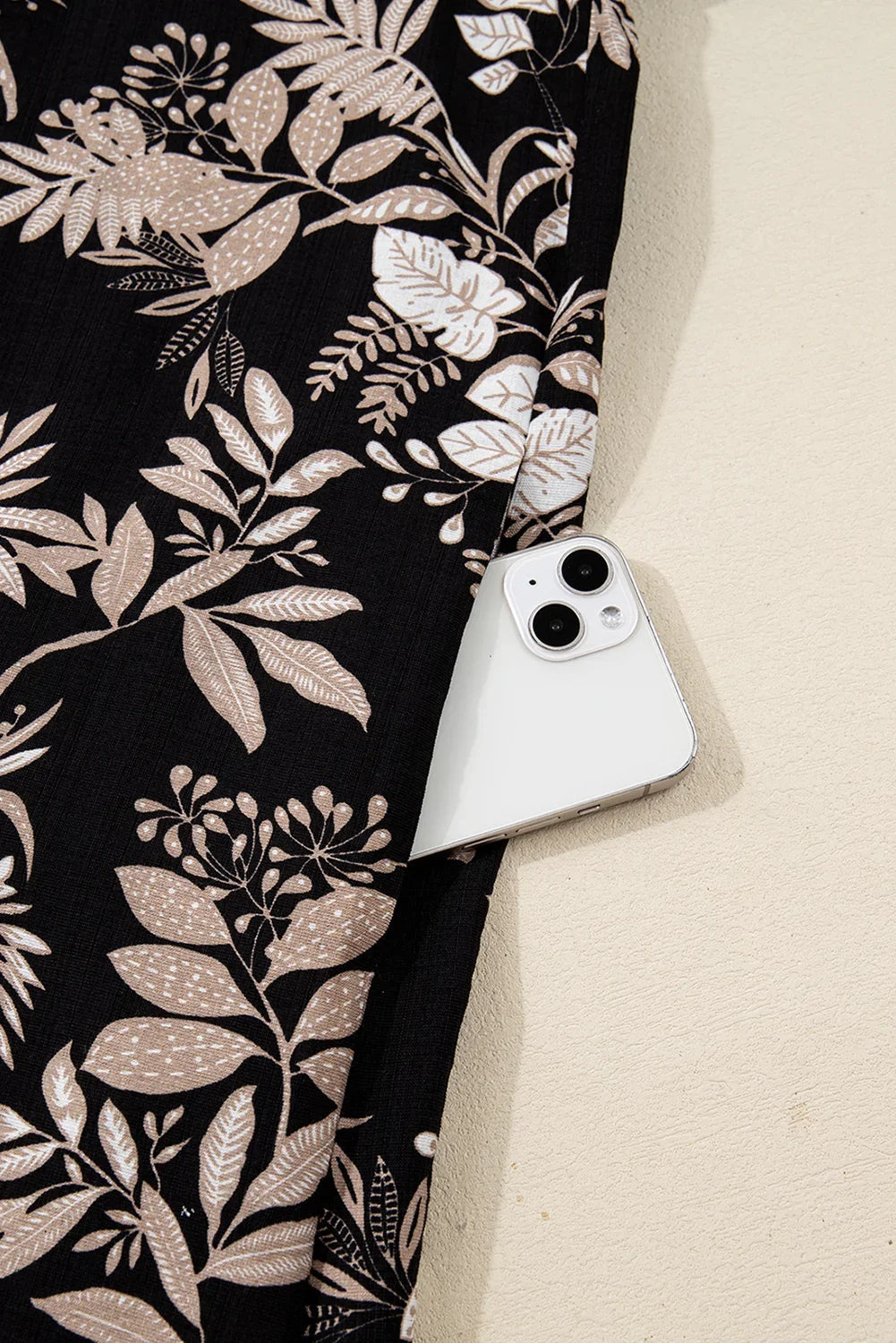 Black Botanical Print Split Neck 3/4 Sleeve Mini Dress