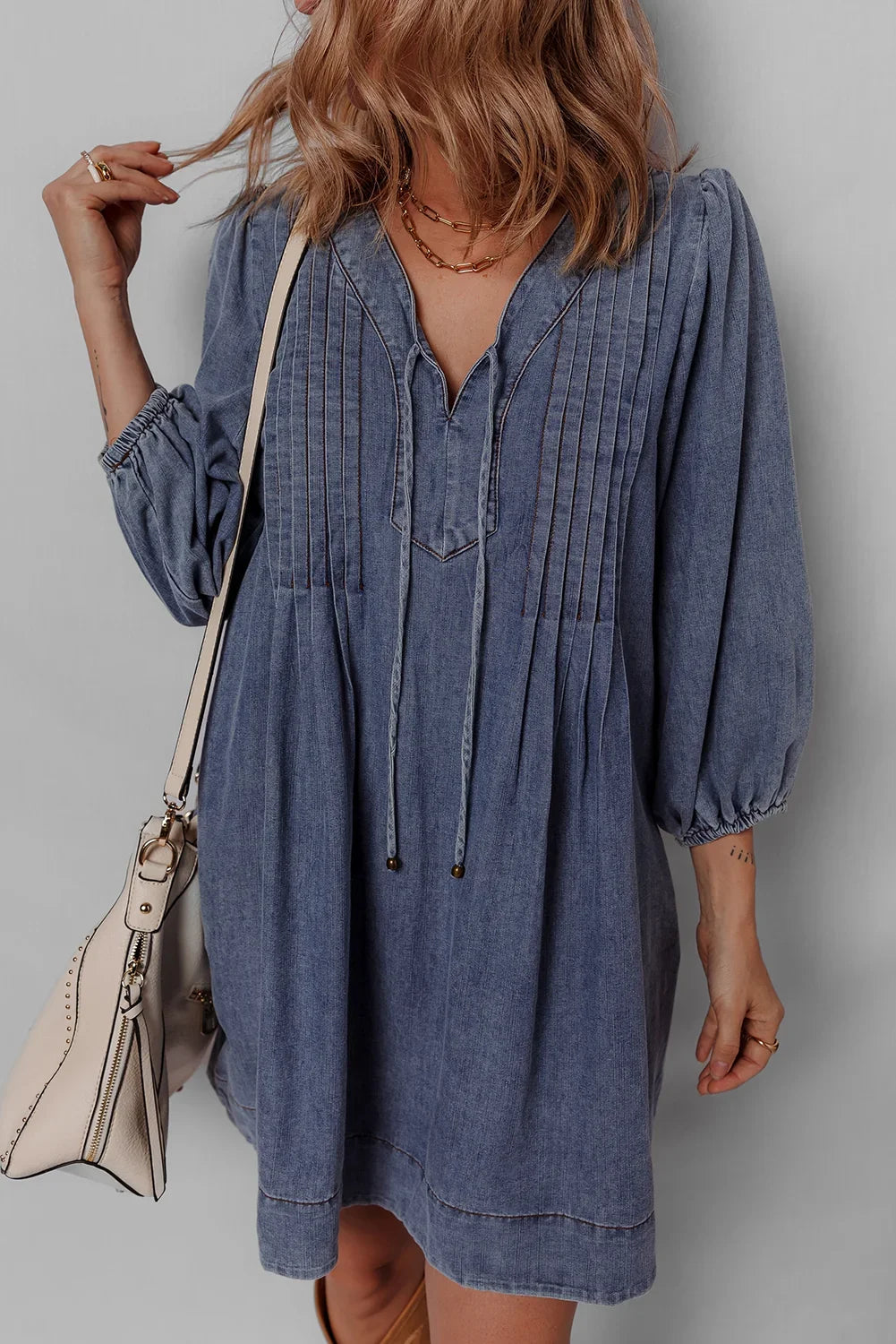 Pleated Denim Mini Dress with Tie V-Neck & 3/4 Sleeves