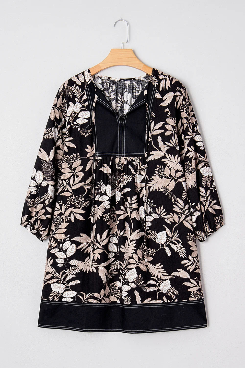 Black Botanical Print Split Neck 3/4 Sleeve Mini Dress