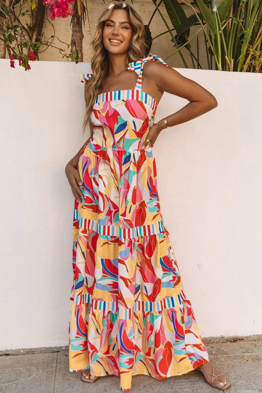 Abstract Print Striped Trim Sleeveless Maxi Sundress