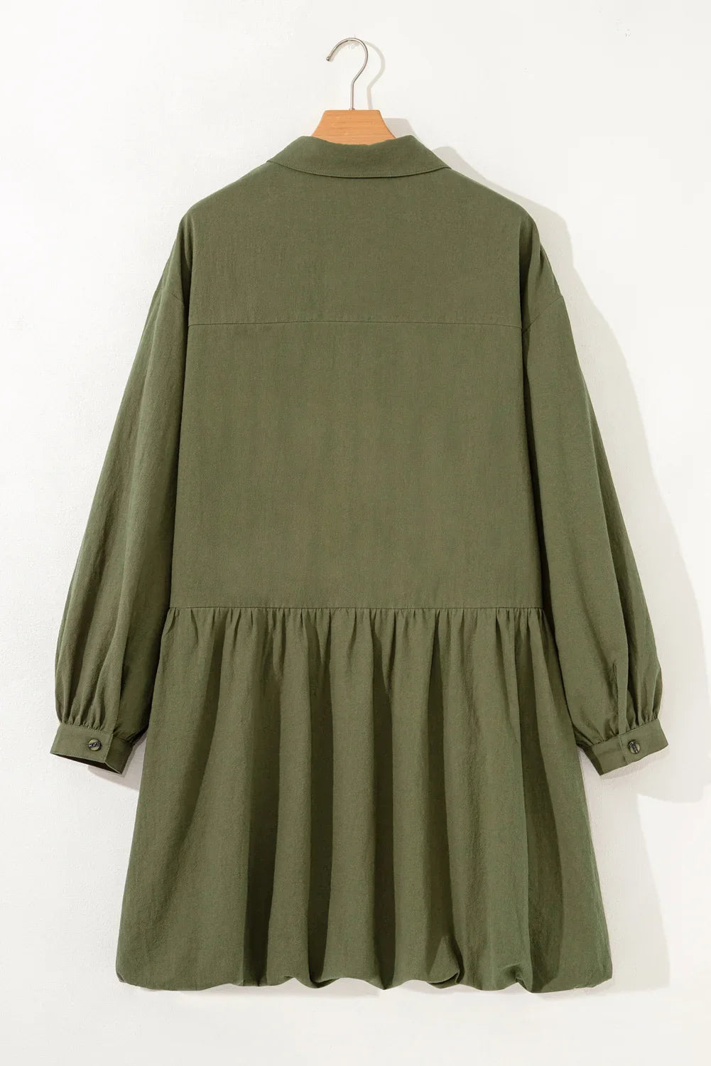 Plus Size Green Cotton Long Sleeve Bubble Hem Mini Dress