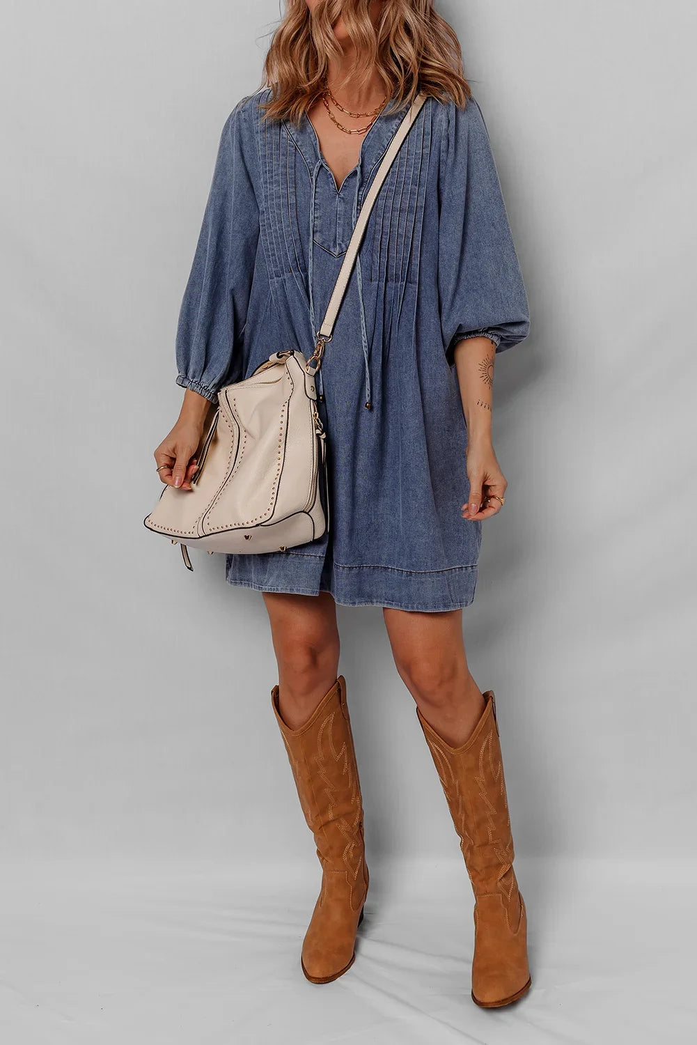 Pleated Denim Mini Dress with Tie V-Neck & 3/4 Sleeves