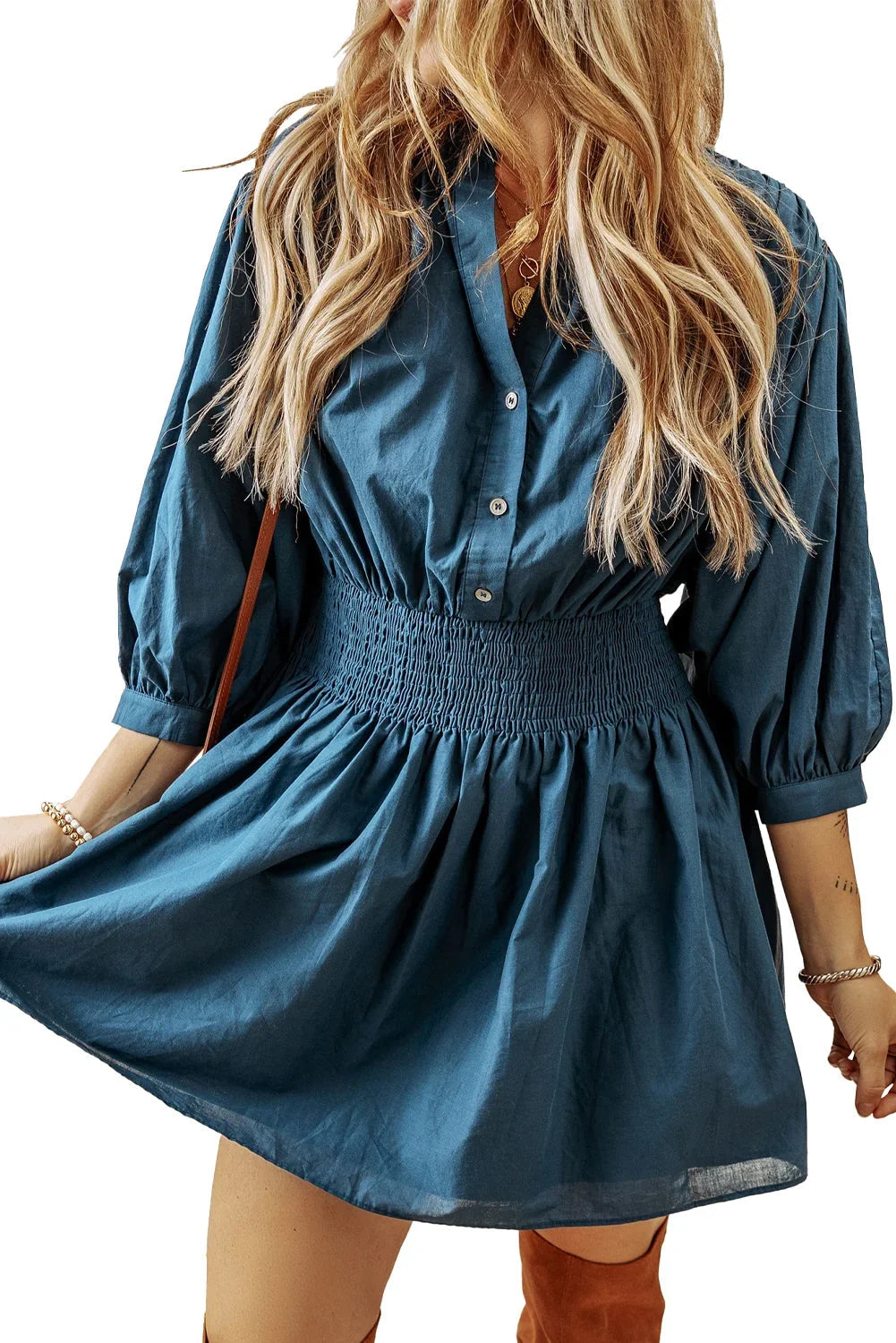 Prussian Blue Shirred High Waist Mini Dress with 3/4 Sleeves