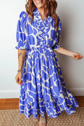 Sky Blue Abstract Print Smocked Waist Puff Sleeve Maxi Dress