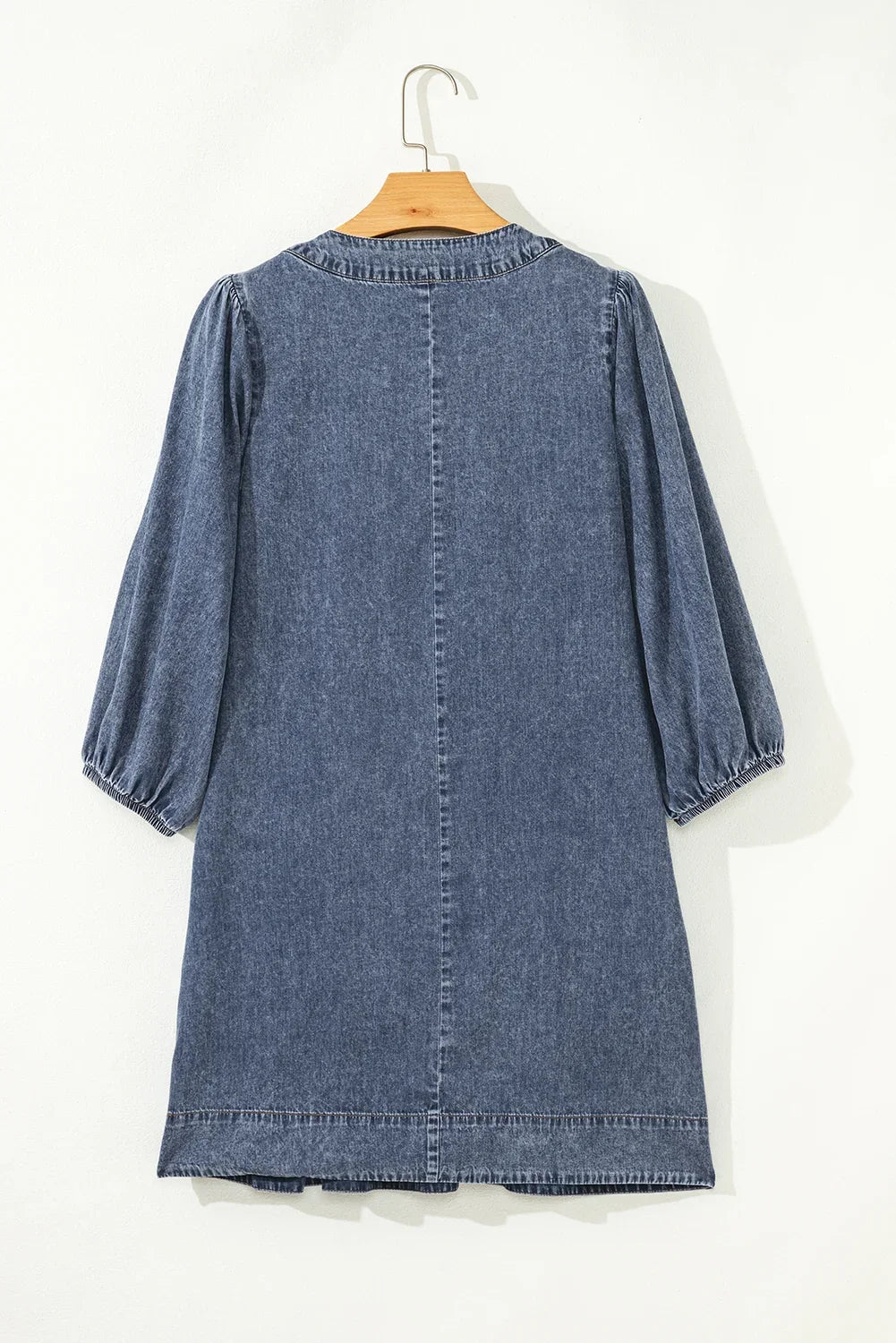 Pleated Denim Mini Dress with Tie V-Neck & 3/4 Sleeves