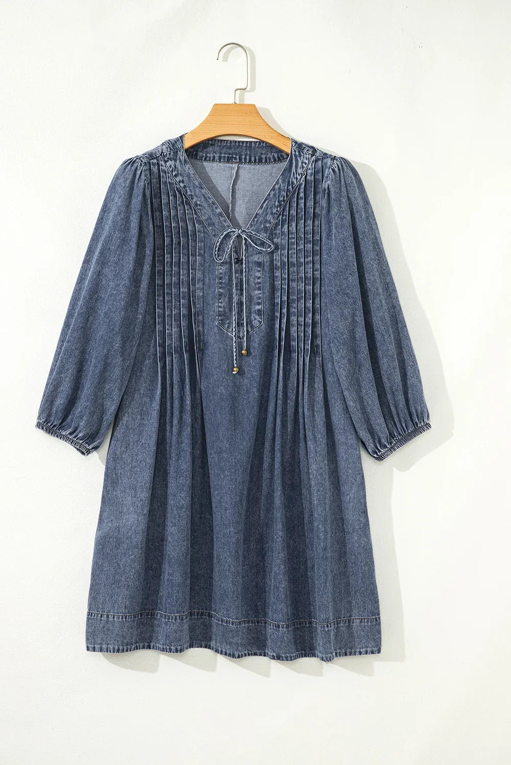 Pleated Denim Mini Dress with Tie V-Neck & 3/4 Sleeves