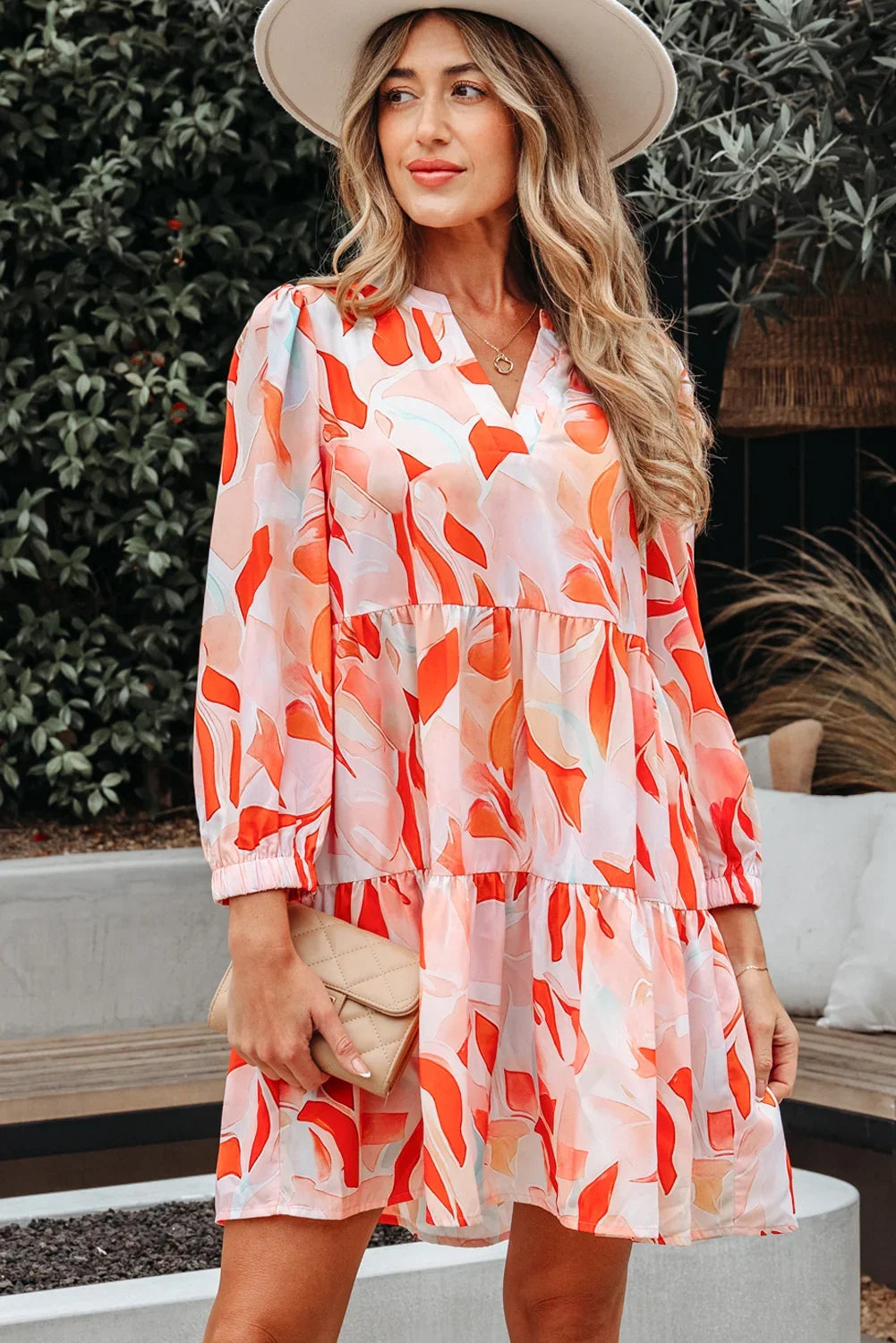 Orange Abstract Print Split Neck Long Sleeve Mini Dress