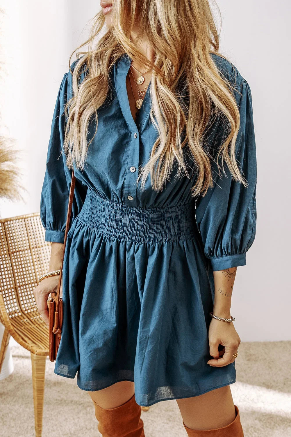 Prussian Blue Shirred High Waist Mini Dress with 3/4 Sleeves