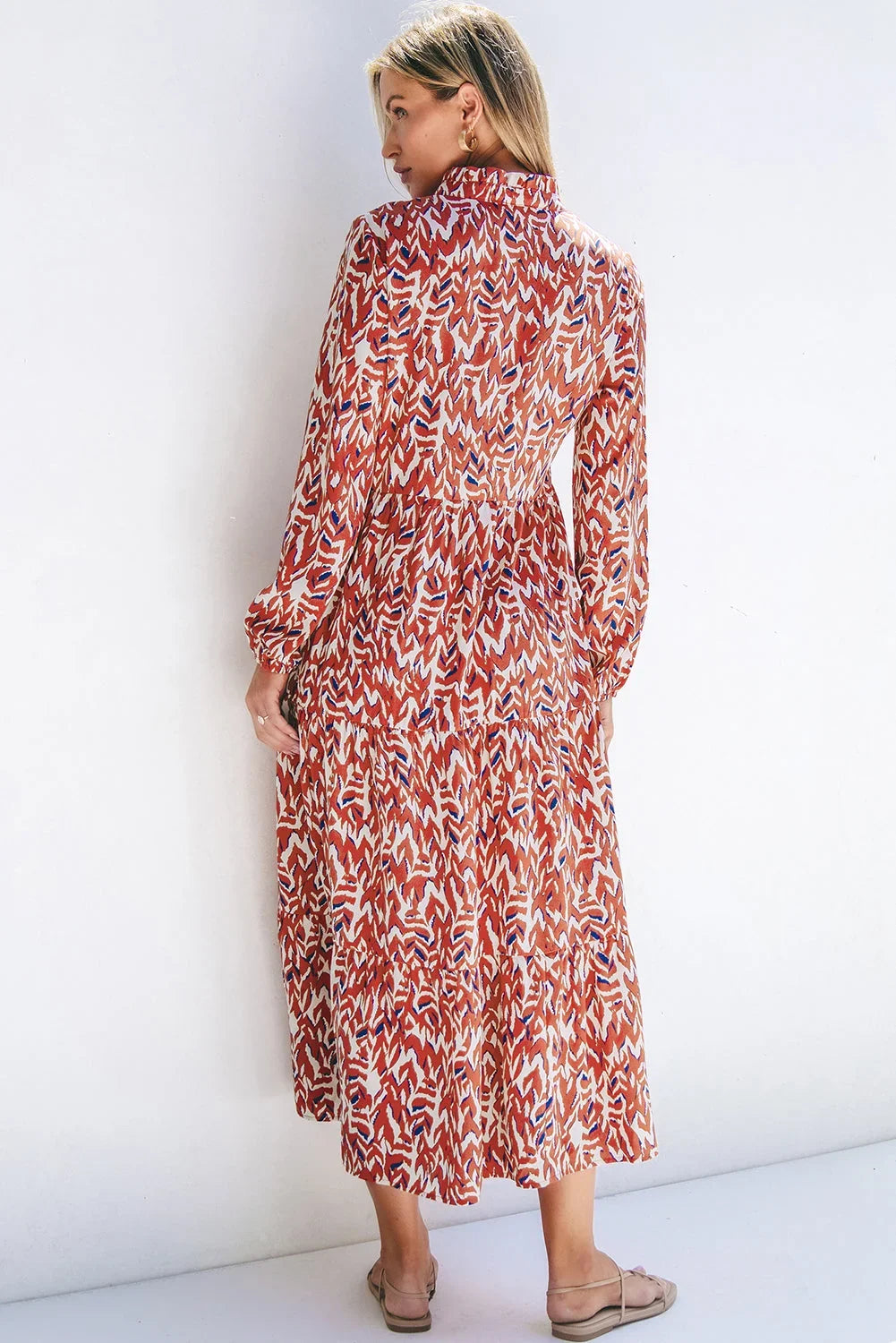 Orange Abstract Print Pleated High Waist Midi Dress