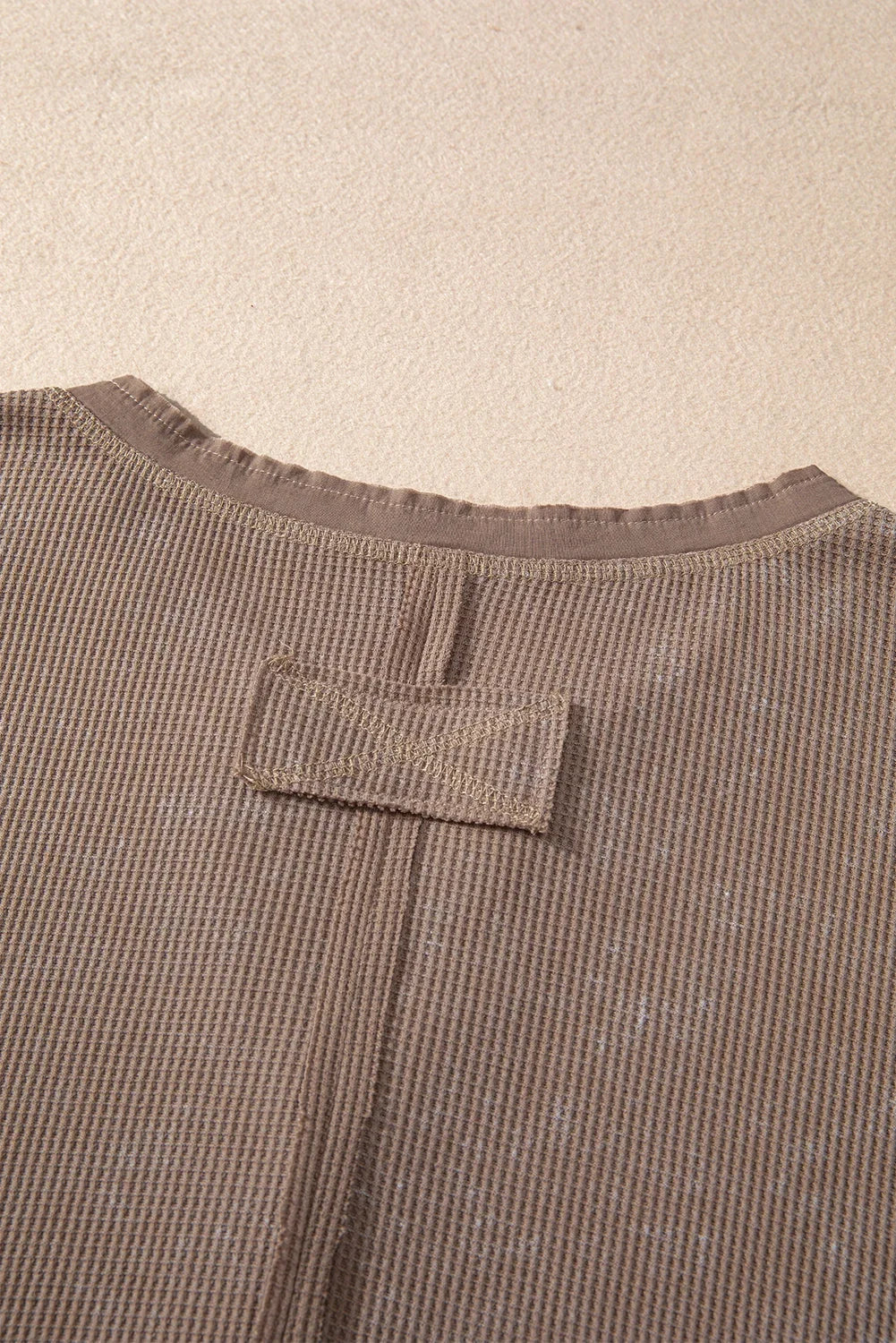 Coffee Acid Wash Waffle Knit Button V-Neck Long Sleeve Top