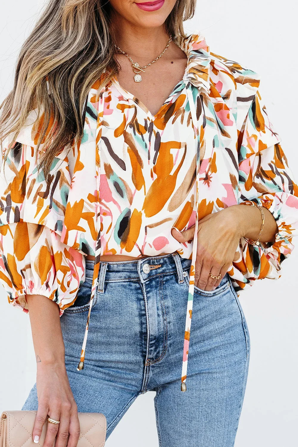 Yellow Abstract Print Drawstring V-Neck 3/4 Sleeve Blouse