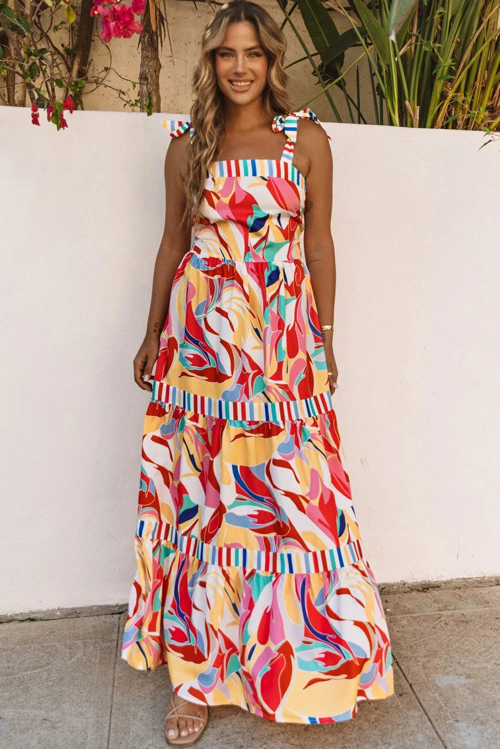 Abstract Print Striped Trim Sleeveless Maxi Sundress