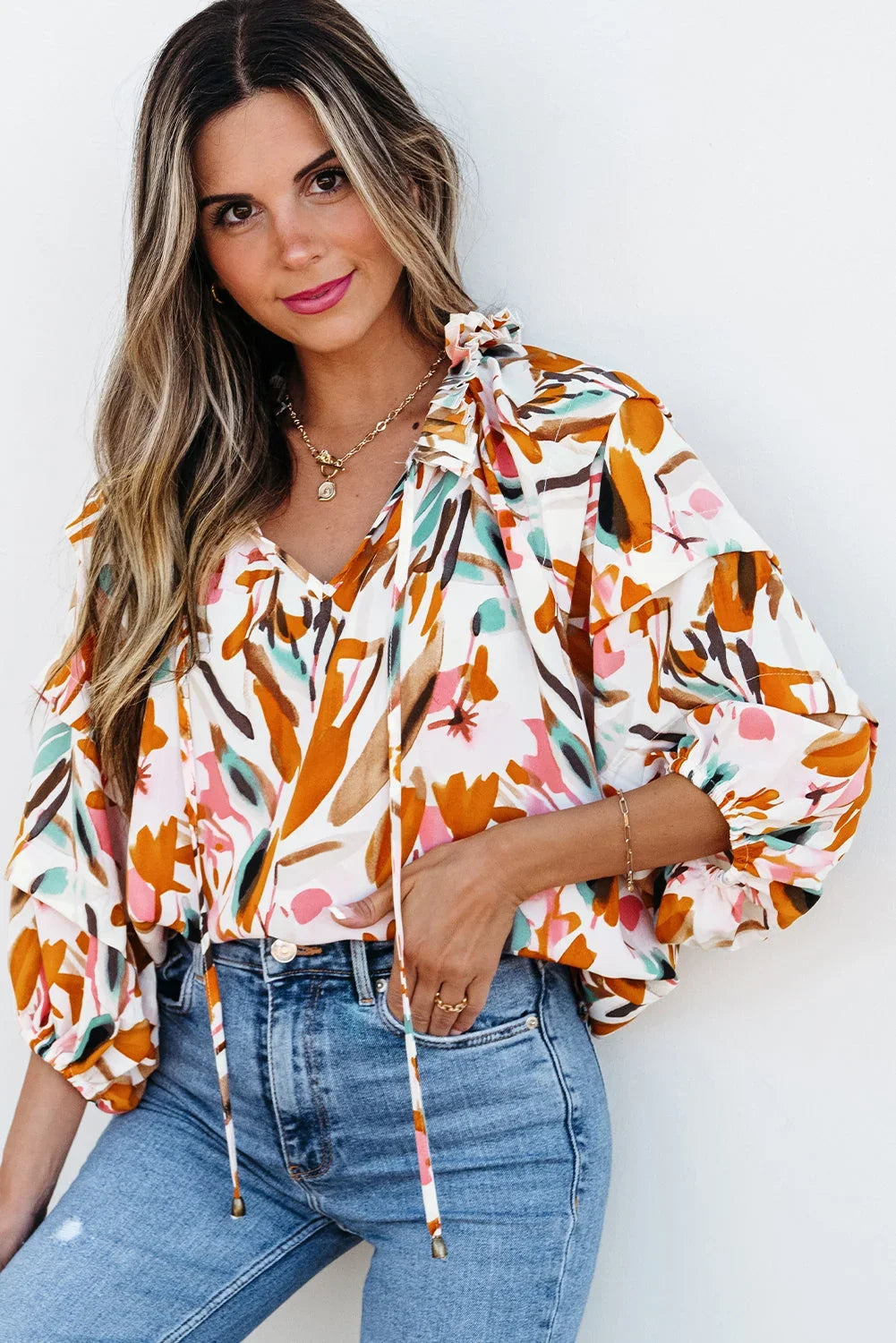 Yellow Abstract Print Drawstring V-Neck 3/4 Sleeve Blouse