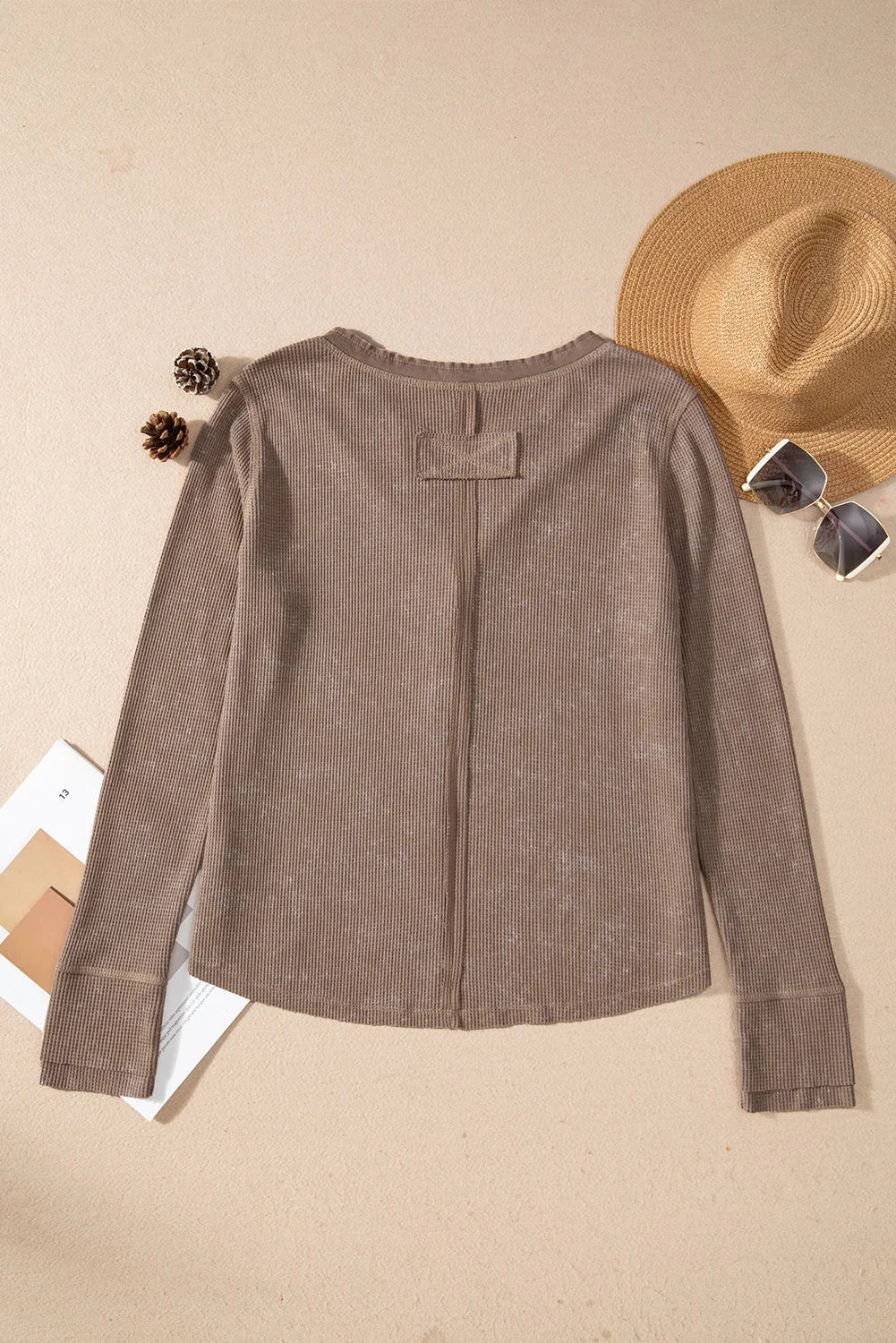 Coffee Acid Wash Waffle Knit Button V-Neck Long Sleeve Top