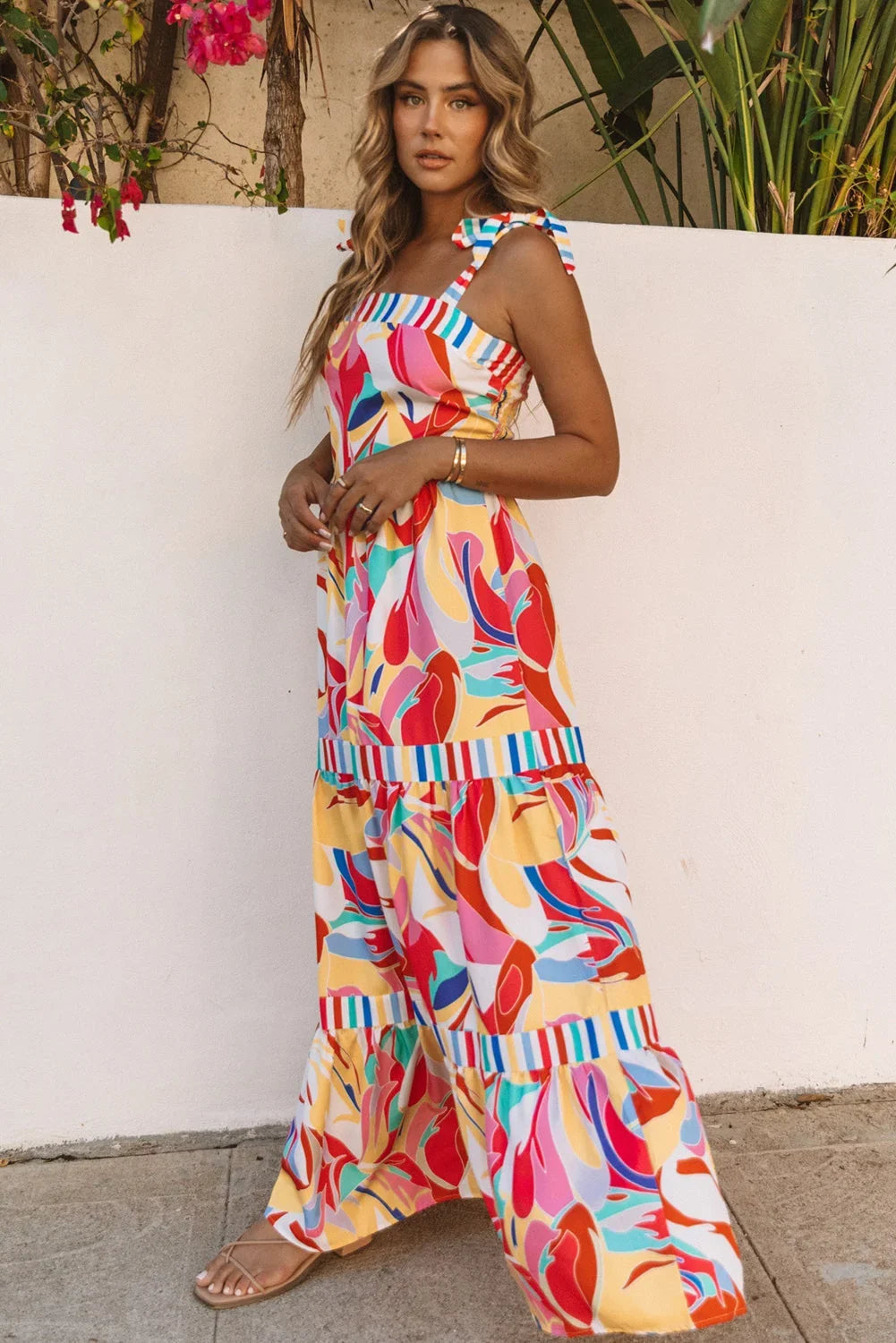 Abstract Print Striped Trim Sleeveless Maxi Sundress