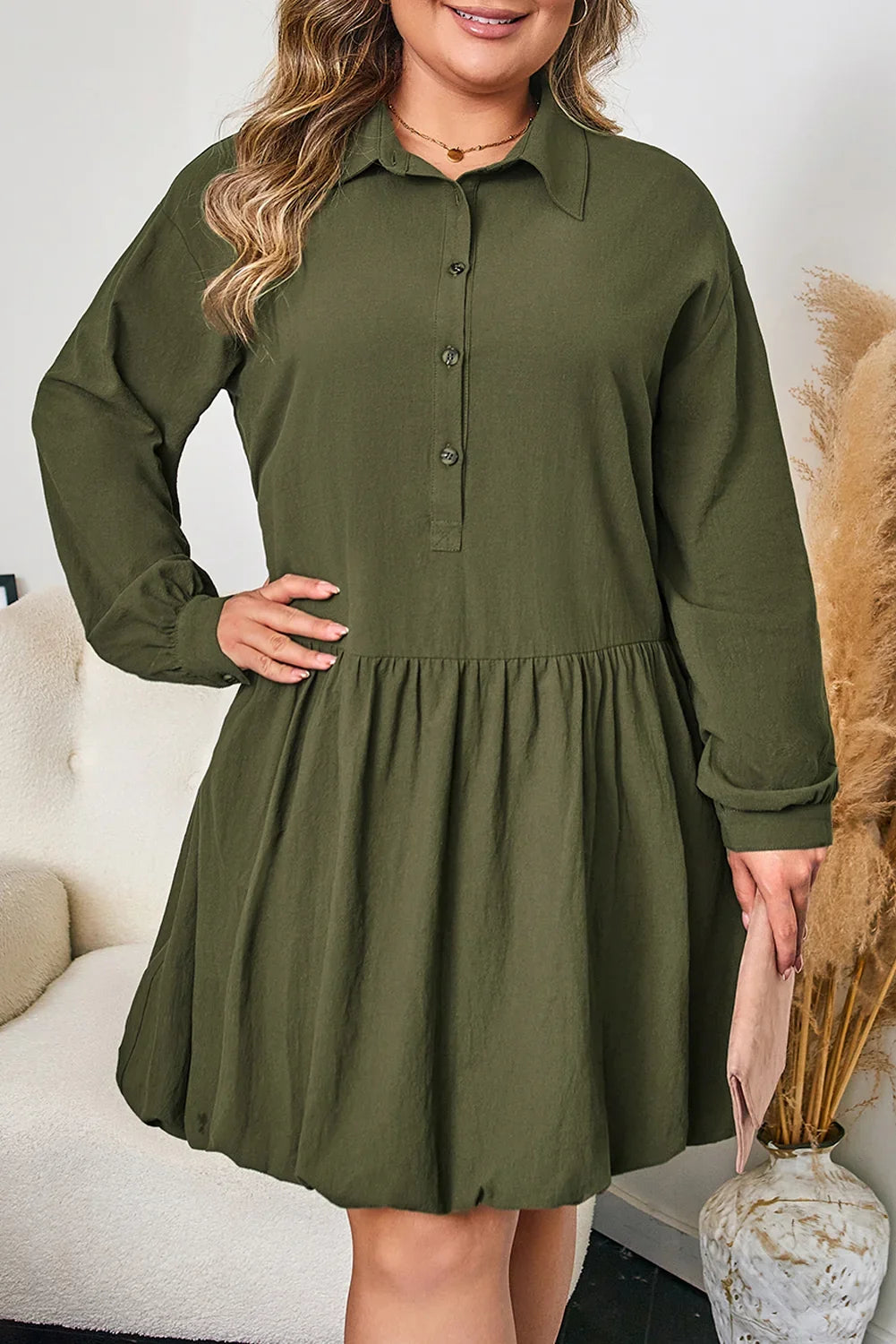 Plus Size Green Cotton Long Sleeve Bubble Hem Mini Dress
