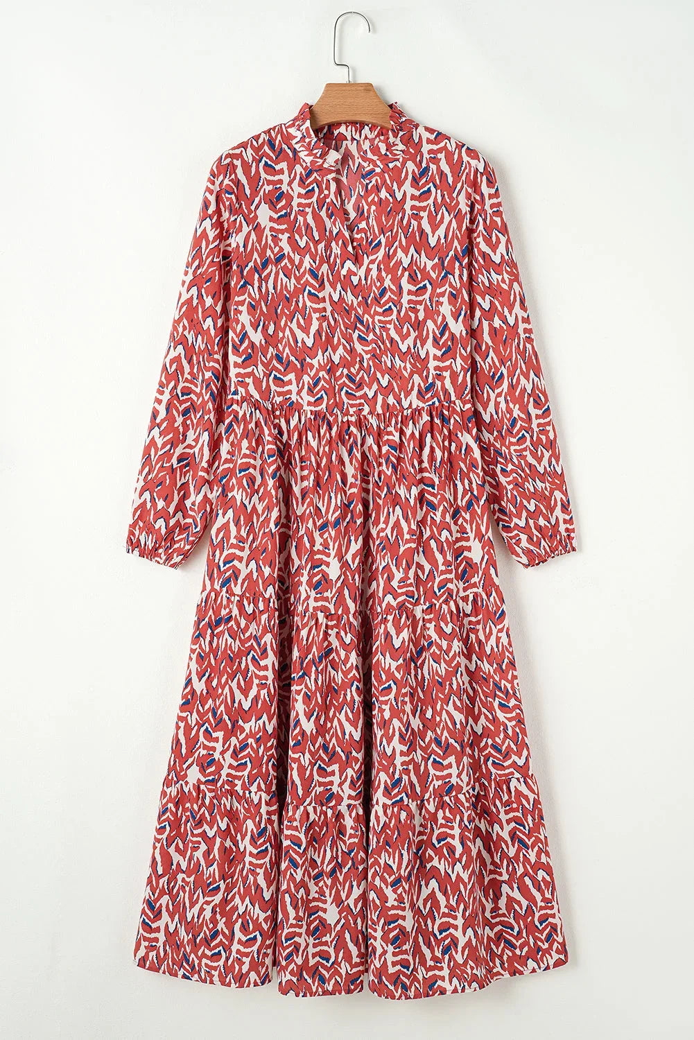 Orange Abstract Print Pleated High Waist Midi Dress