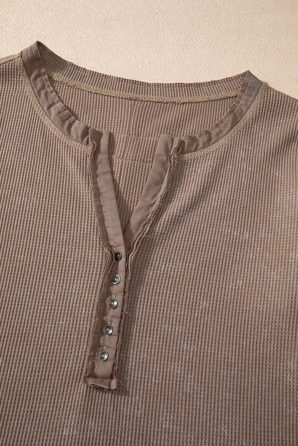 Coffee Acid Wash Waffle Knit Button V-Neck Long Sleeve Top