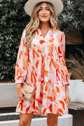 Orange Abstract Print Split Neck Long Sleeve Mini Dress