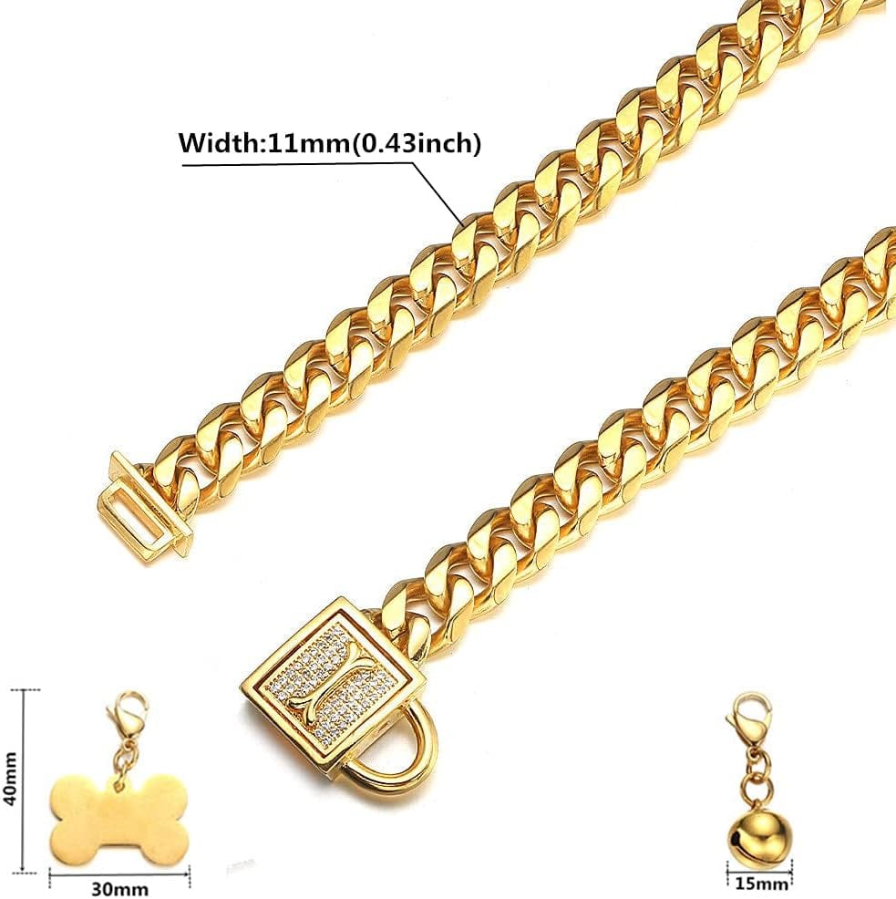 Gold Cuban chain dog collar with ID tag – view 2