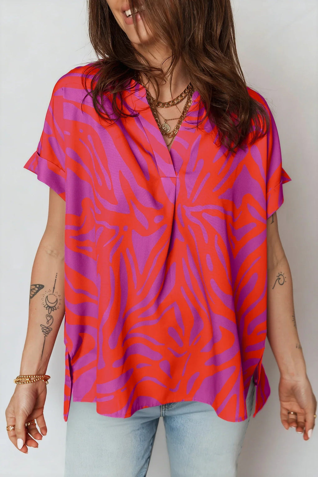 Abstract Print V-Neck Cuffed Short Sleeve Slit Blouse