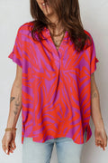 Abstract Print V-Neck Cuffed Short Sleeve Slit Blouse