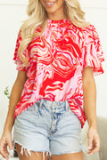 Red Abstract Print Ruffle Sleeve Mock Neck Blouse