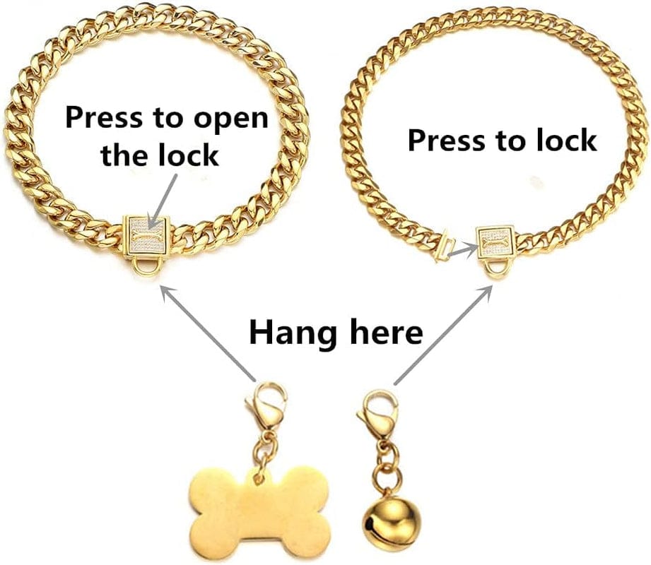 Gold Cuban chain dog collar with ID tag – view 3