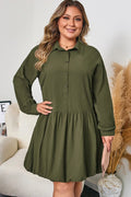 Plus Size Green Cotton Long Sleeve Bubble Hem Mini Dress