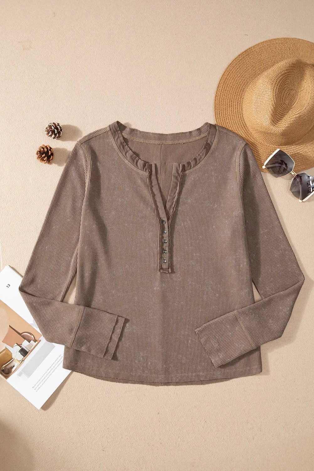 Coffee Acid Wash Waffle Knit Button V-Neck Long Sleeve Top
