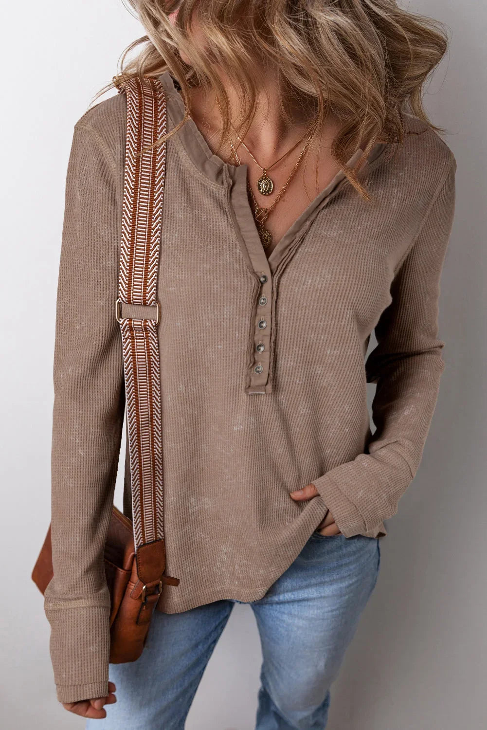 Coffee Acid Wash Waffle Knit Button V-Neck Long Sleeve Top