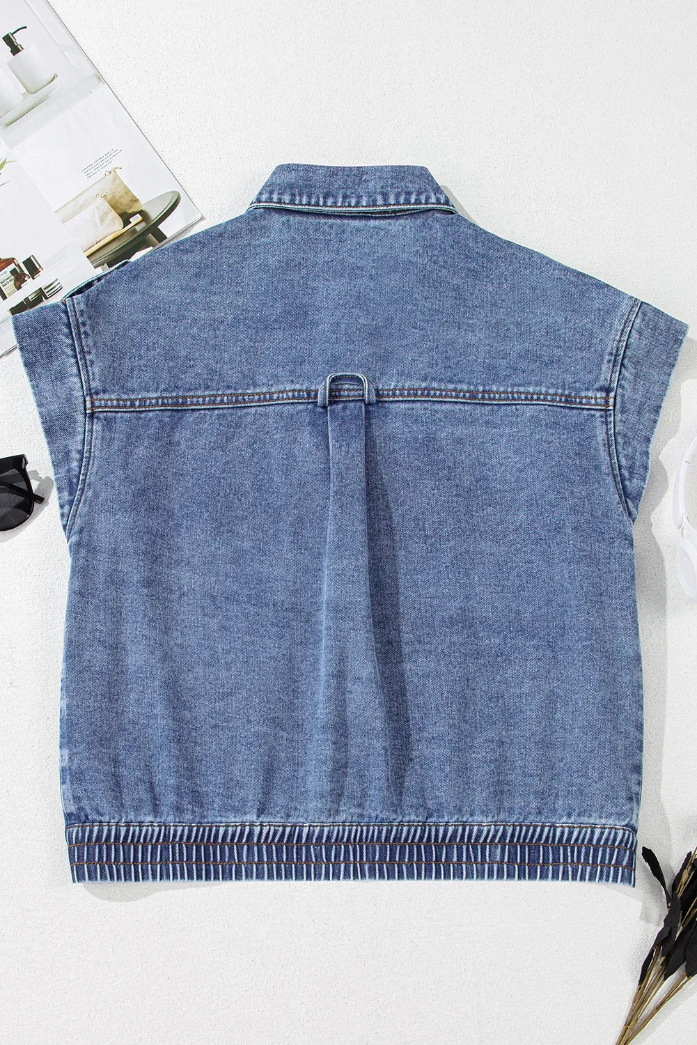 Acid Wash Button-Up Denim Vest with Elastic Hem