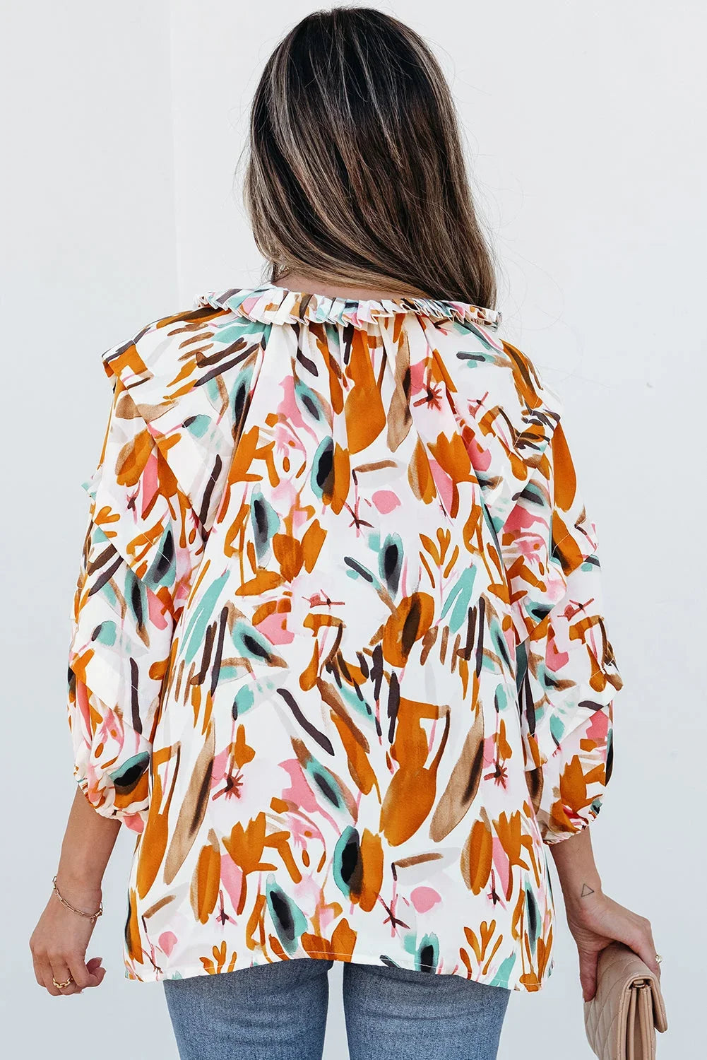 Yellow Abstract Print Drawstring V-Neck 3/4 Sleeve Blouse