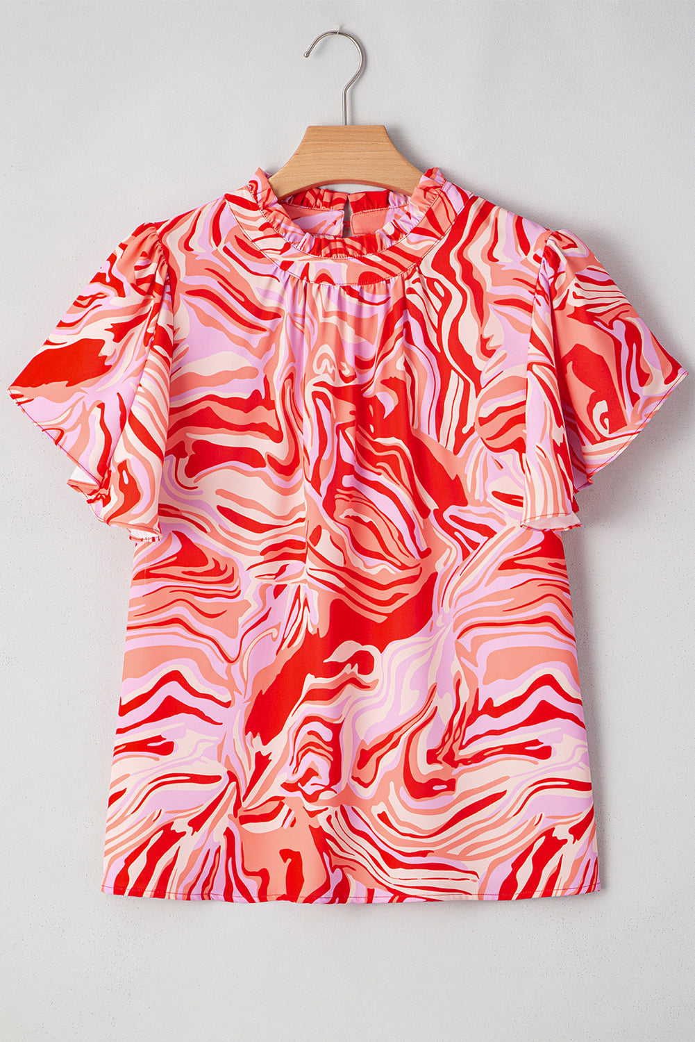 Red Abstract Print Ruffle Sleeve Mock Neck Blouse