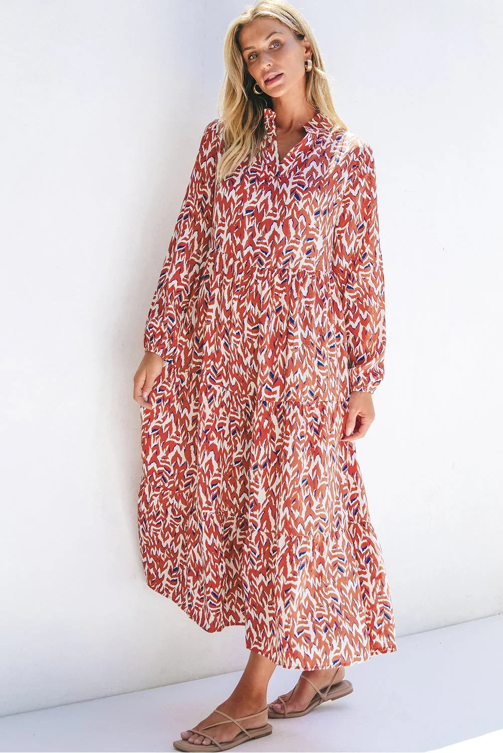 Orange Abstract Print Pleated High Waist Midi Dress