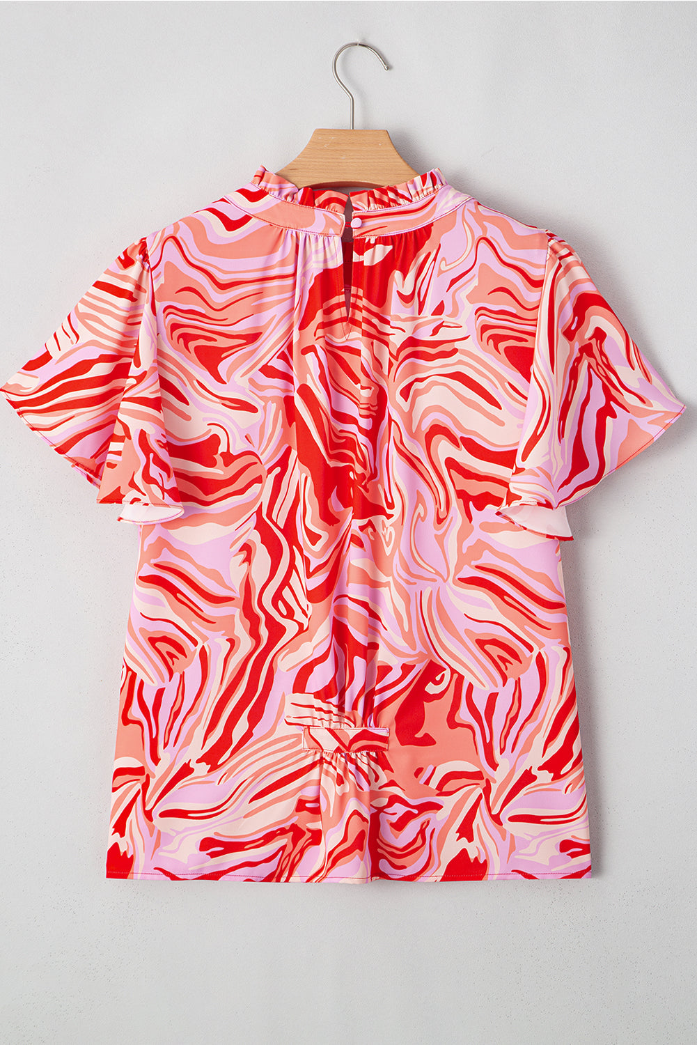 Red Abstract Print Ruffle Sleeve Mock Neck Blouse