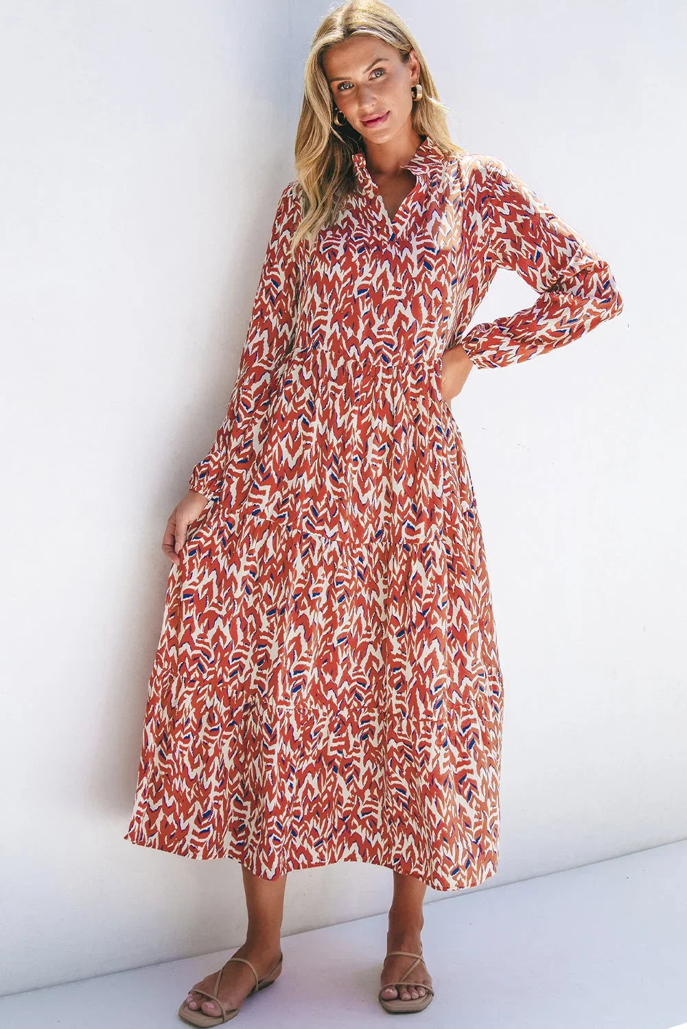 Orange Abstract Print Pleated High Waist Midi Dress