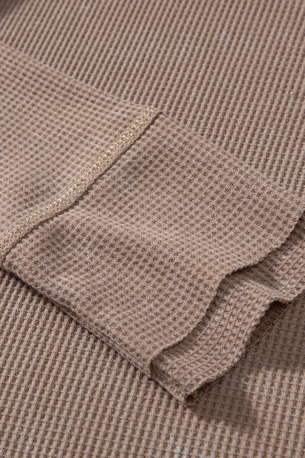 Coffee Acid Wash Waffle Knit Button V-Neck Long Sleeve Top